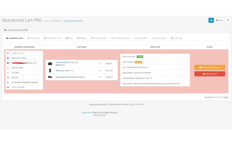 Εφαρμογή για εγκαταλελειμμένα μηνύματα καλαθιού, OpenCart, Galaxynet