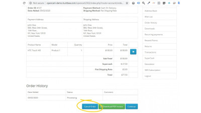 Επιλογές επιστροφών και ακύρωσης πελατών Galaxynet extensions OpenCart.