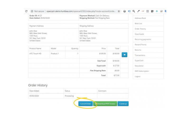 Επιλογές επιστροφών και ακύρωσης πελατών Galaxynet extensions OpenCart.