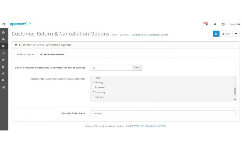 Επιλογές επιστροφών και ακύρωσης πελατών Galaxynet extensions OpenCart.