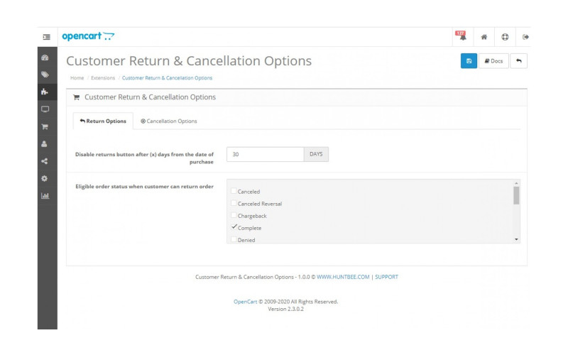 Επιλογές επιστροφών και ακύρωσης πελατών Galaxynet extensions OpenCart.