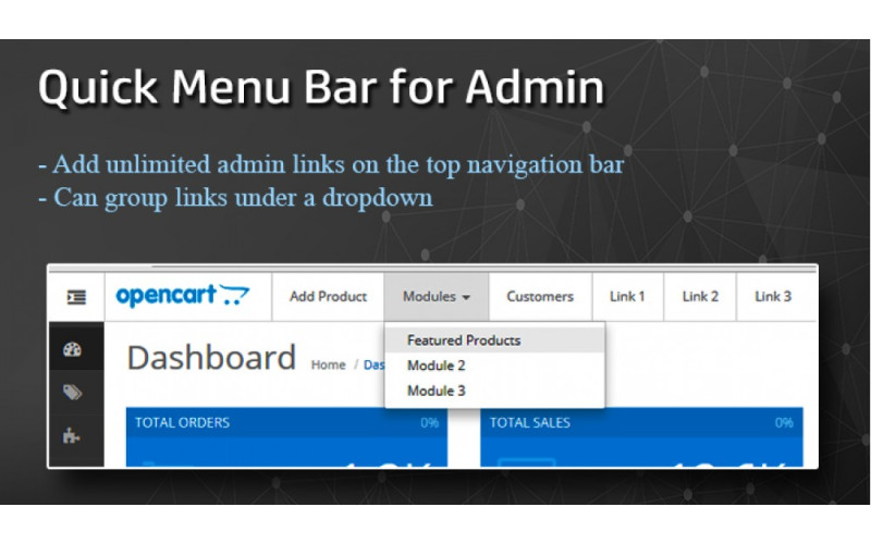 Δυναμική εφαρμογή γραμμής γρήγορου μενού για τη σελίδα διαχειριστή Galaxynet extensions OpenCart.